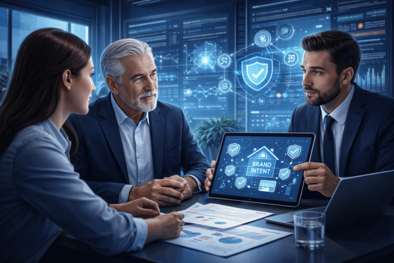 Consultants advising a business owner on protecting brand integrity using data-driven strategy and AI governance tools
