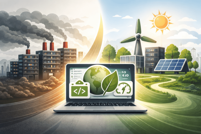 Illustration of sustainable web design with green data centers, renewable energy, and optimized digital infrastructure