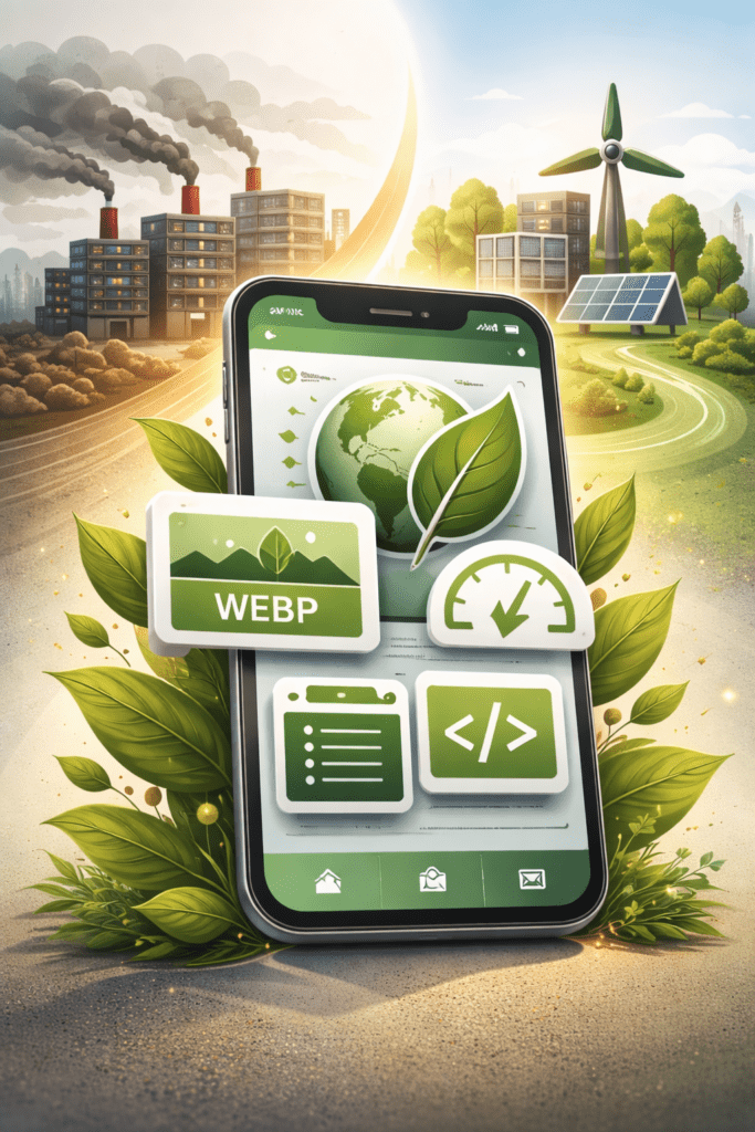 Smartphone displaying eco-friendly web analytics surrounded by green technology and renewable infrastructure
