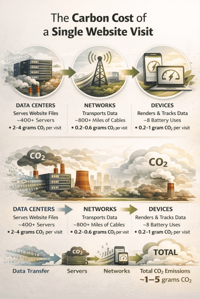 Infographic explaining the carbon footprint of a website visit, including energy use from data centers, network transmission, and user devices contributing to total CO2 emissions.