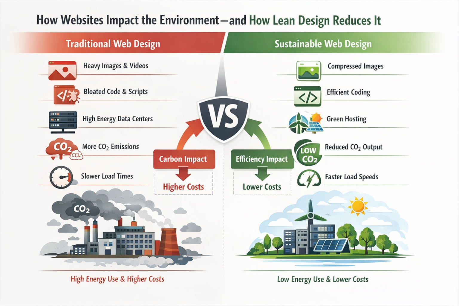 Infographic comparing traditional web design energy use with sustainable digital design practices