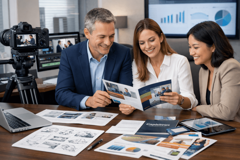 Marketing team reviewing video production assets and printed business literature as part of an integrated brand strategy.