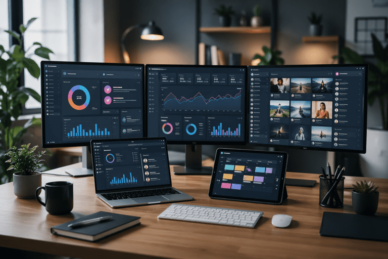 Business social media management dashboard showing analytics, engagement metrics, and content planning systems.