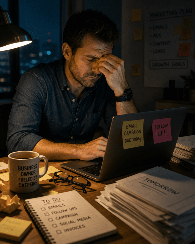 Exhausted business owner working late at night on email marketing campaigns at a cluttered desk, looking stressed and fatigued while sitting in front of a laptop surrounded by notes, paperwork, and coffee.