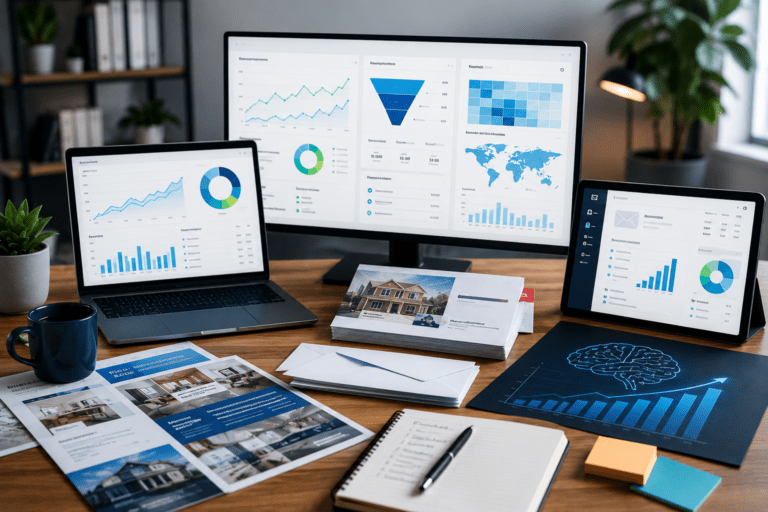 Modern business lead generation systems showing SEO analytics, email marketing dashboards, and direct mail campaign materials.