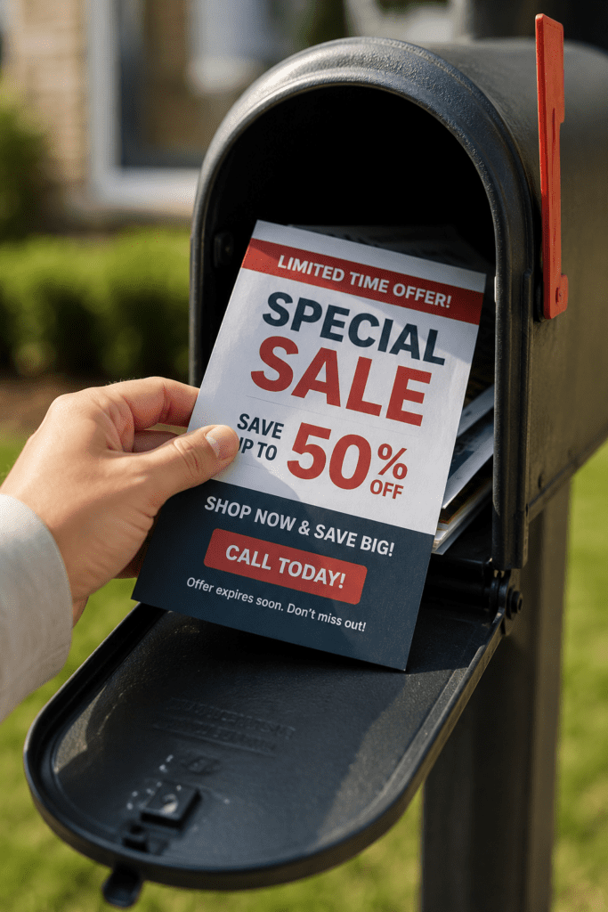 a customer reaches into the mailbox and pulls out a flyer.