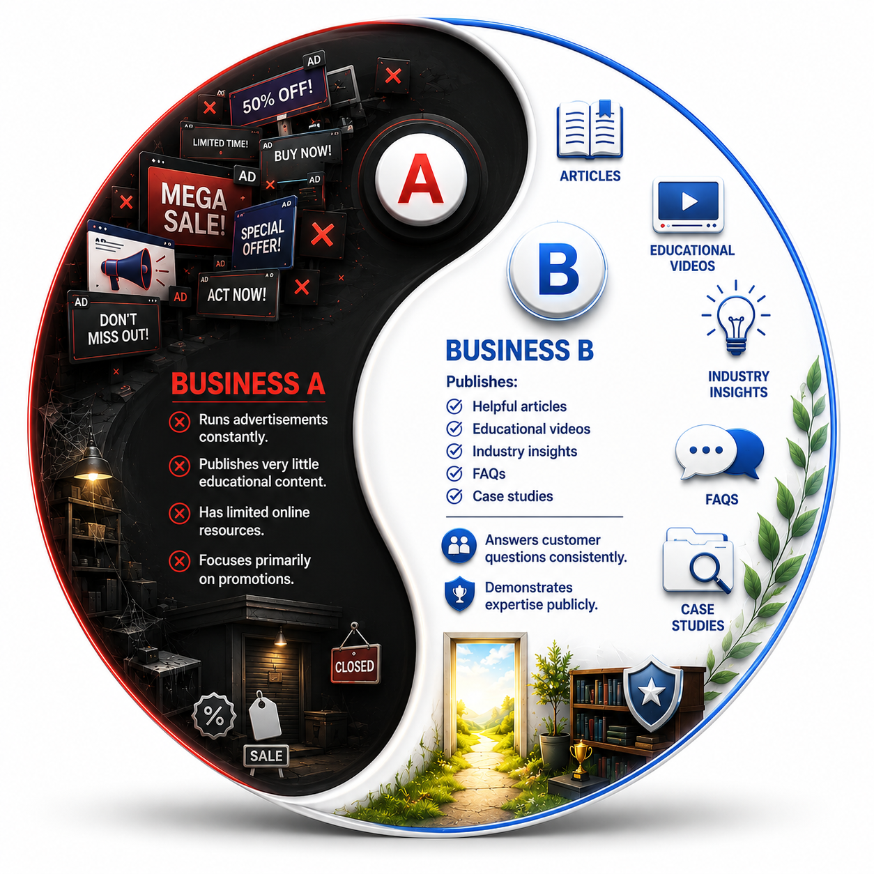 image showing a tale of two companies. One that just advertises but gives little information about the product and the other who has all the information they can offer.