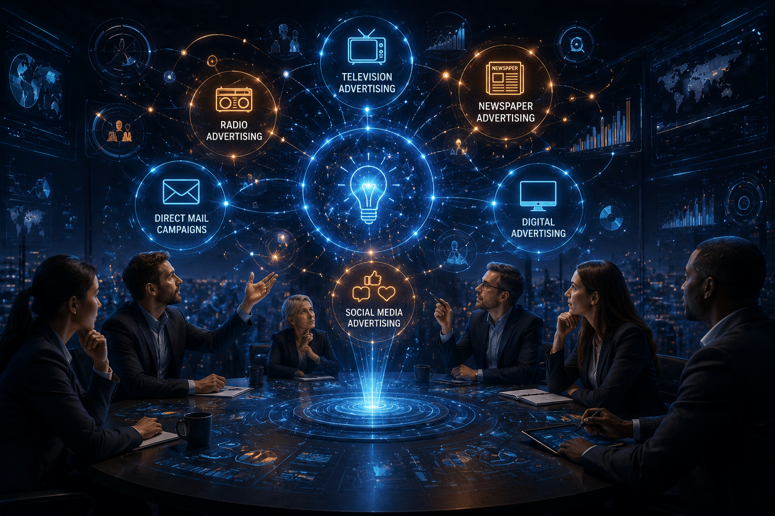 image of a marketing team working together in the old ways of advertising