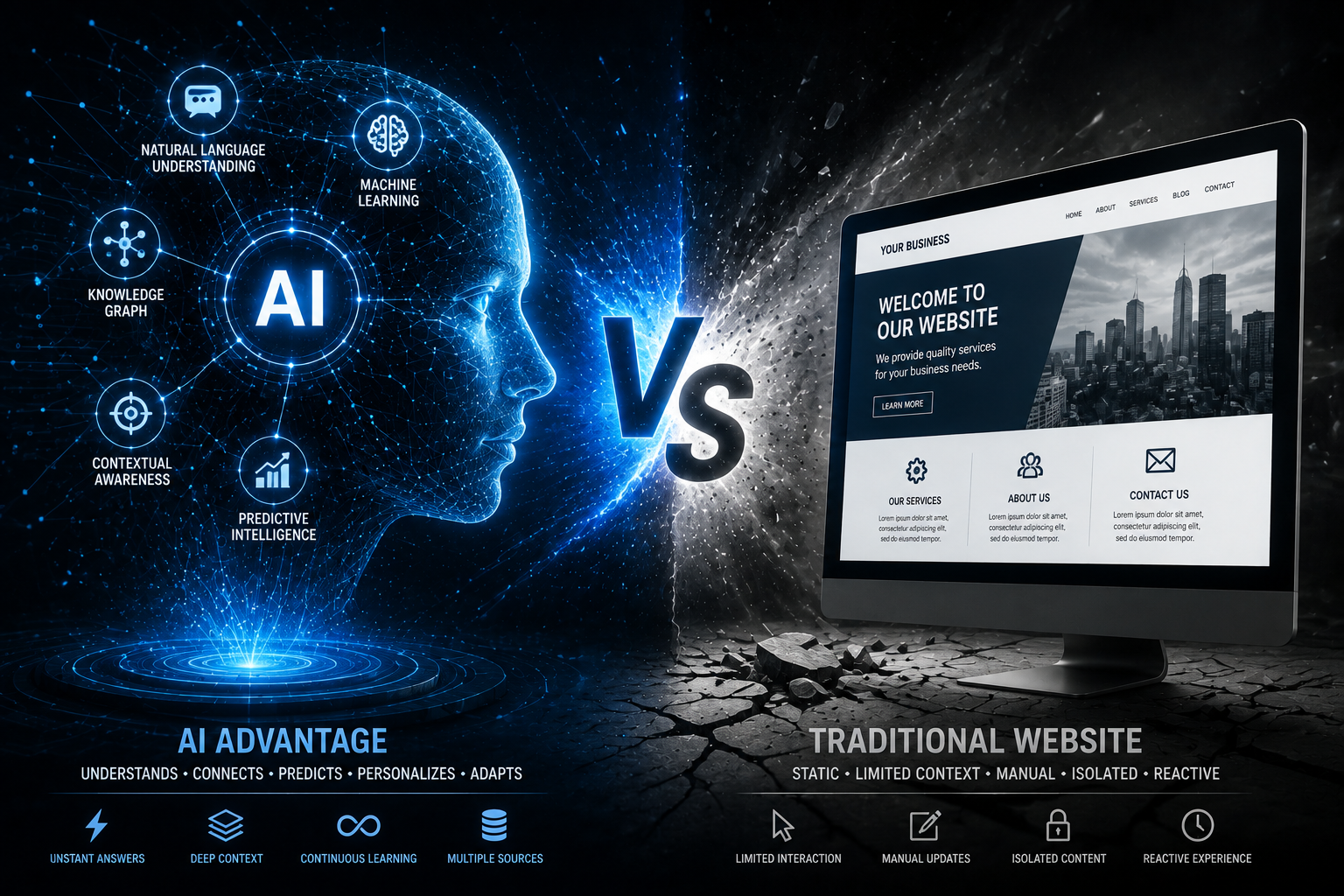 Artificial intelligence facing a traditional business website, representing how AI search is changing the role of websites from digital brochures into authoritative knowledge and conversion hubs.