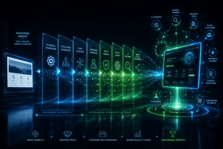 Business website evolving from a traditional digital brochure into an interconnected Digital Authority Hub built for search, AI discovery, expertise, trust, and customer conversion.